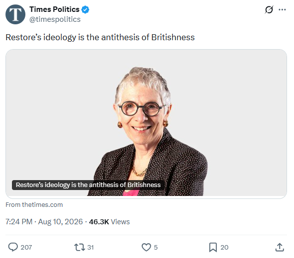 BasilTheGreat's tweet photo. In 14 hours Melanie Phillips' hit piece on Restore Britain has gathered a grand total of 5 likes

Their attacks have failed miserably

Restore Britain will not be stopped https://t.co/l4lXgHiJXc