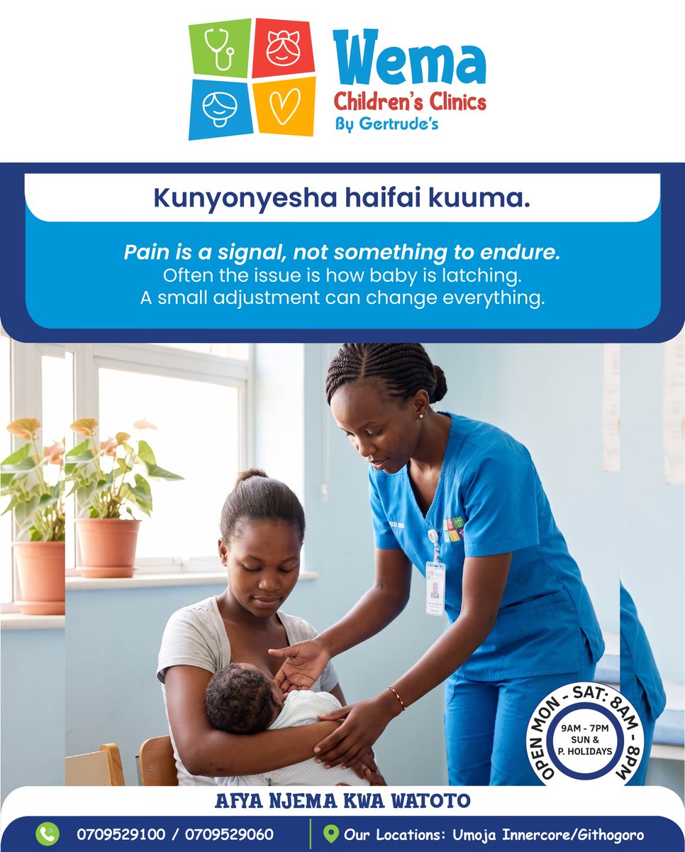 WemaClinic's tweet photo. Kunyonyesha haifai kuuma. Pain is a signal about the latch, not a sign you’re doing it wrong. A small adjustment can change everything. Come to Wema. Come to Wema, Umoja or Githogoro. 0709 529 100 / 0709 529 060.
#WemaClinic #Kunyonyesha #Latching #AfyaNjemaKwaWatoto https://t.co/OcwjvtaNMb