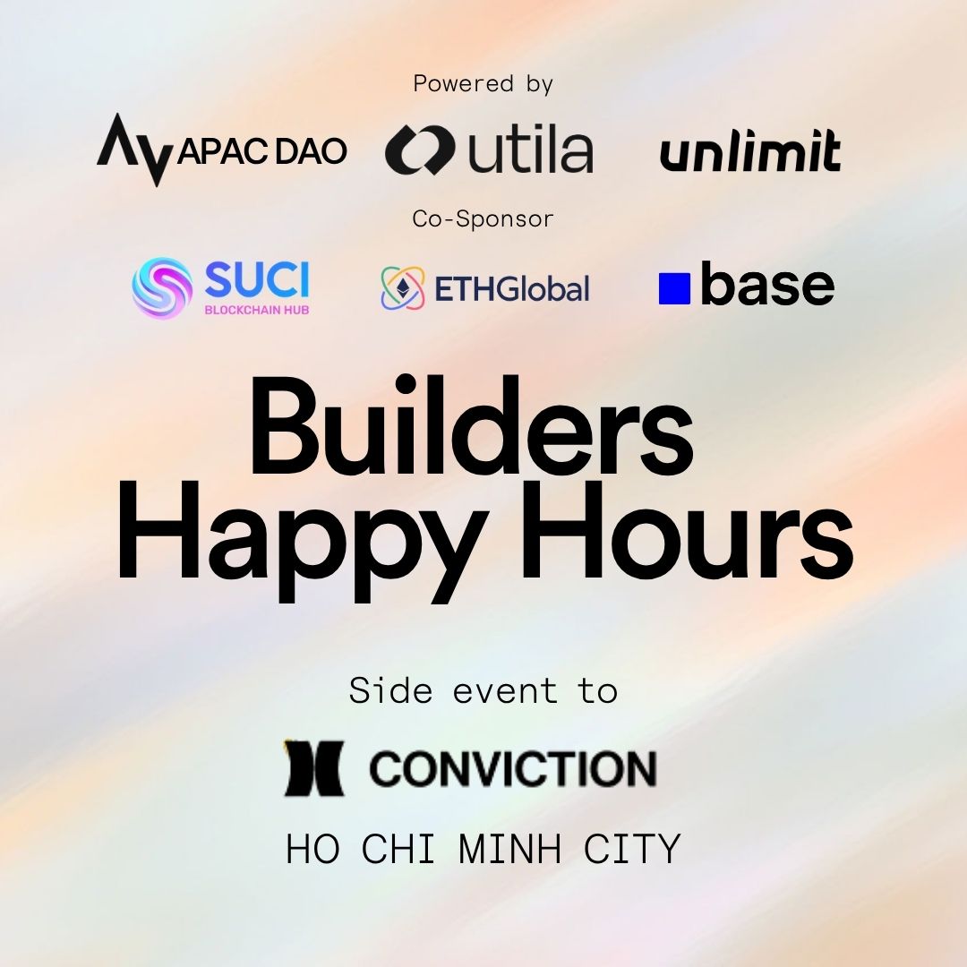 apacdao's tweet photo. See you this Friday! 🔥

Builders Happy Hour: powered by APAC DAO, @Unlimit_com, and @utila_io, sponsored by @ETHGlobal, @Suci_Community, and @base.

A hands-on workshop. Sunset networking that actually means something.

14 Aug, 16:00, Ho Chi Minh City
https://t.co/lWI676Fv5d https://t.co/pMk7otD0bh