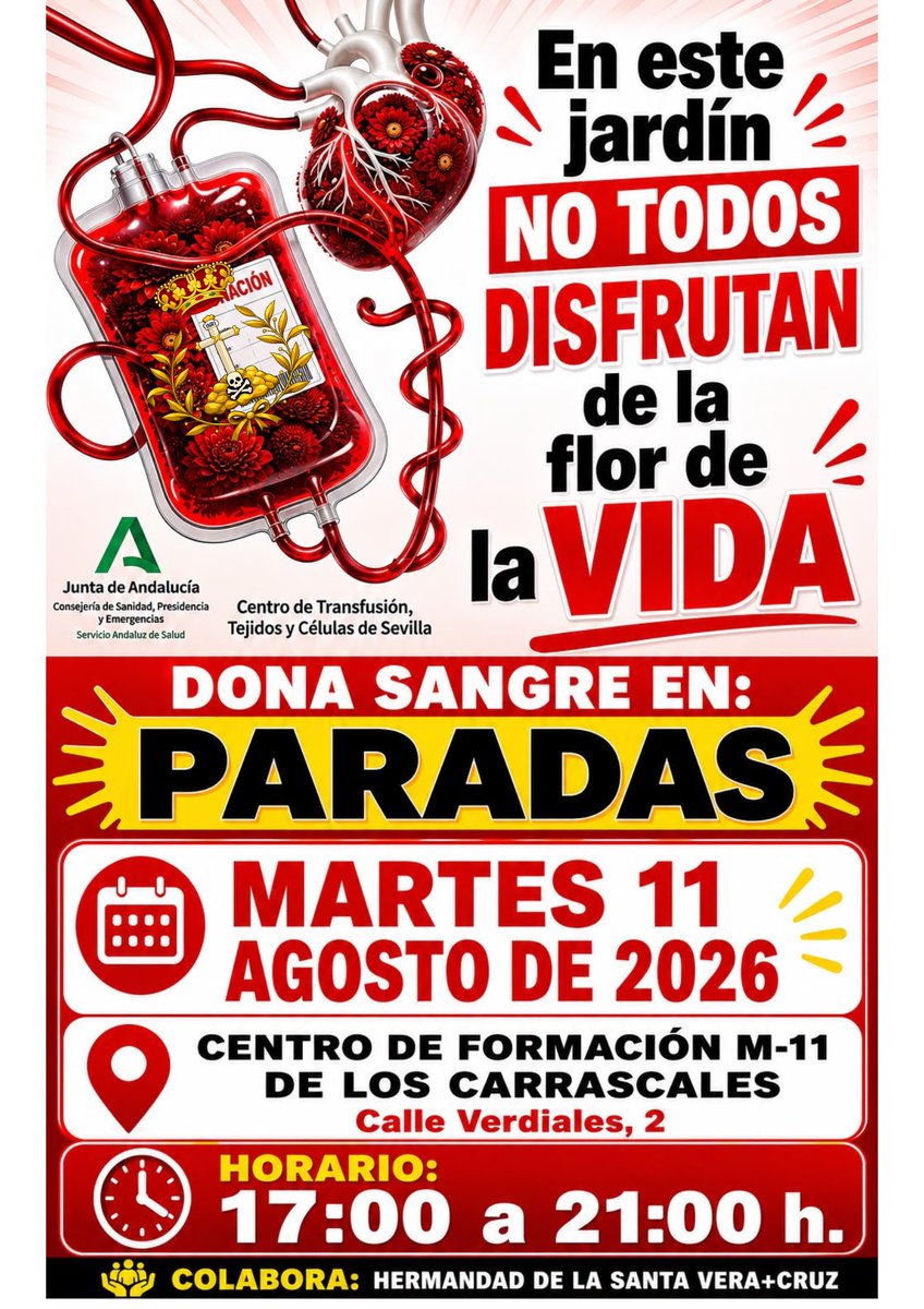 veracruzparadas's tweet photo. ⚠️INFORMACIÓN ⚠️ HOY CAMBIO DE UBICACIÓN DONACIONES DE SANGRE

Hoy continuará la campaña de donación de sangre en nuestro pueblo será en: 

🏠 CENTRO DE FORMACIÓN M‑11 LOS CARRASCALES (C/ Verdiales 2)

📅 Hoy martes 11 de agosto de 2026

⏱️ 17.00 a 21.00 horas

#VeraCruzParadas https://t.co/9qoWofIdrs