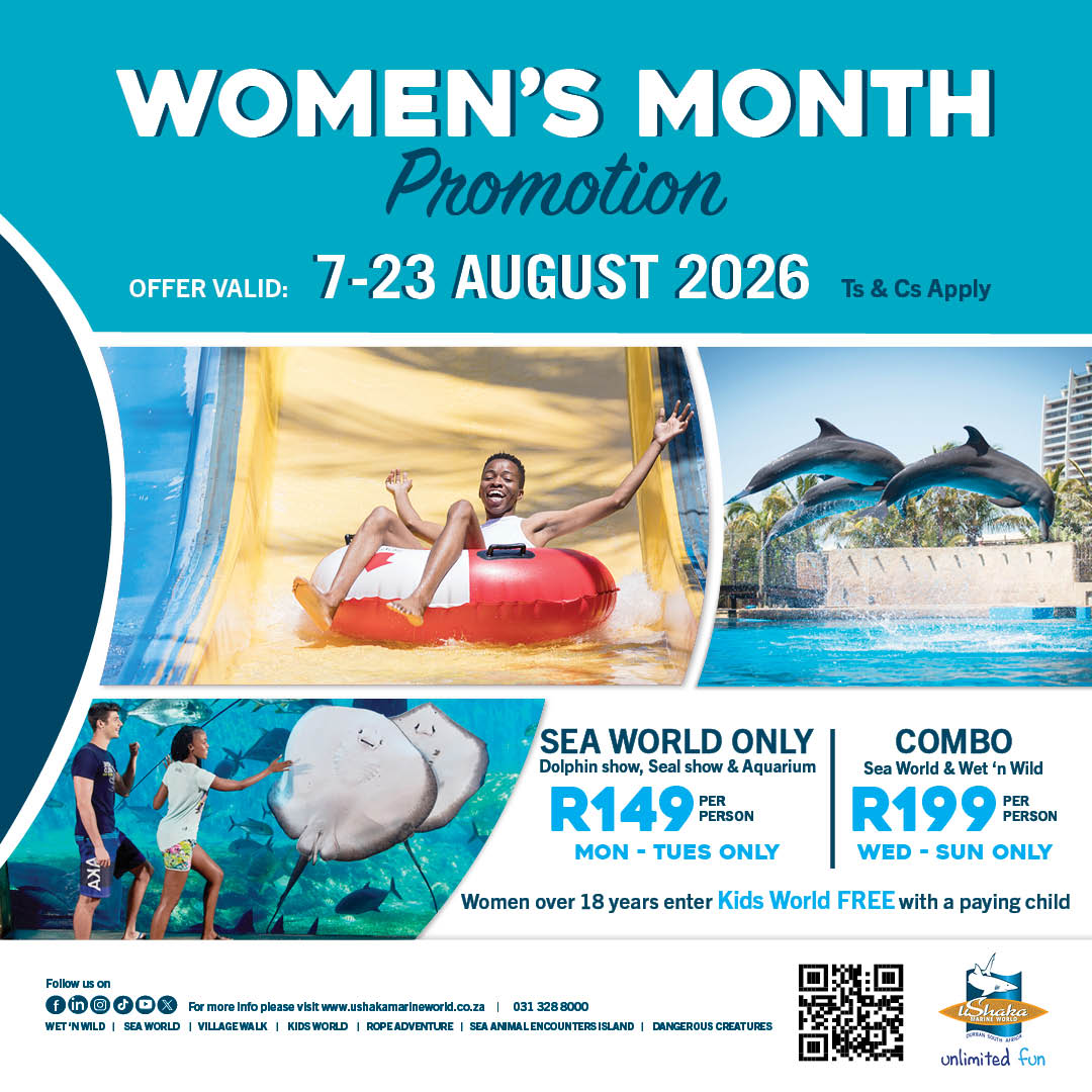 uShakaOfficial's tweet photo. Don't miss out on this exciting Women's Month Promotion only at uShaka Marine World. #uShakaMarineWorld #UnlimitedFun #SeaWorld #WetnWild #uShakaKidsWorld #Durban https://t.co/6pW8VAfoDX