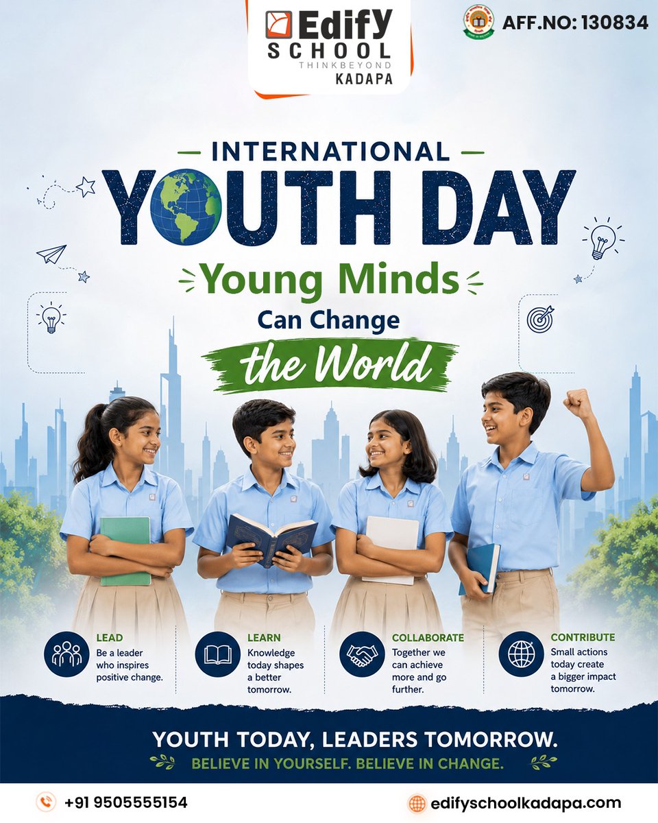 EdifyKadapa's tweet photo. Every great change begins with a young mind that dares to dream. 🌍 This International Youth Day, #EdifySchool salutes our future leaders! 🌱

#InternationalYouthDay #YoungMindsCanChangeTheWorld #YouthTodayLeadersTomorrow #EdifyKadapa #School #LeadLearnCollaborateContribute https://t.co/irZp2XHcFV