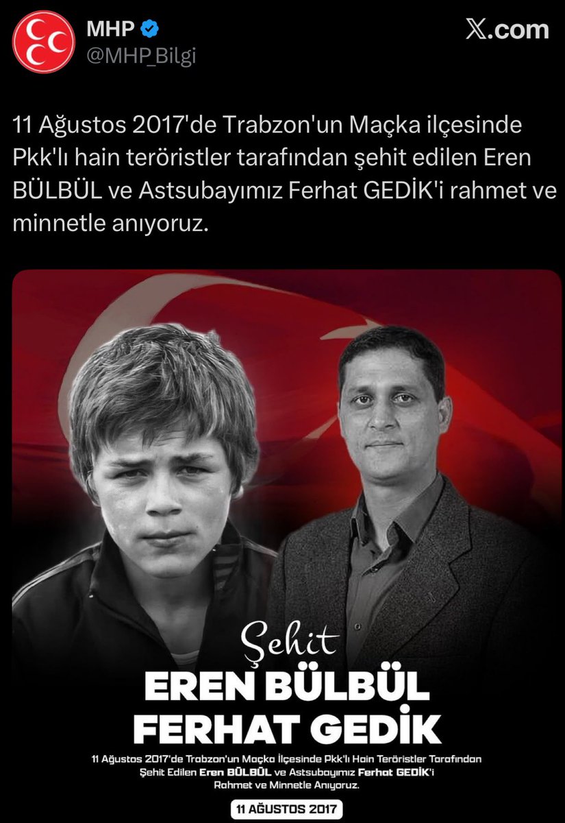 ajansmuhbir1923's tweet photo. MHP: “PKK’lı hain teröristlerce şehit edilen Eren Bülbül ve Astsubay Ferhat Gedik’i rahmetle anıyoruz.” https://t.co/J7f3HnYtJO