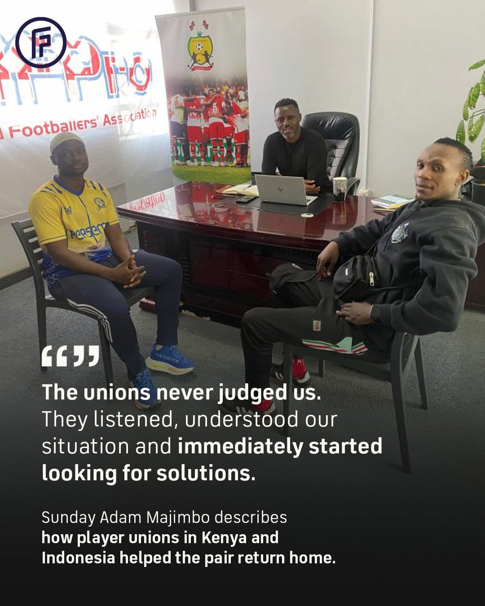 FIFPRO's tweet photo. Since returning home to Kenya, Brian Andaje and Sunday Adam Majimbo have spoken publicly about the ordeal that left them homeless and stranded in Indonesia for five months.

Their experience is a reminder that not every opportunity is what it seems. Taking the time to verify an offer and seeking independent advice can make all the difference.

Before making a move abroad, players should check in with their union, and never be afraid to ask questions.

Full story: https://t.co/gz36eRPntX 

@APPI_Info | @kefwaofficial