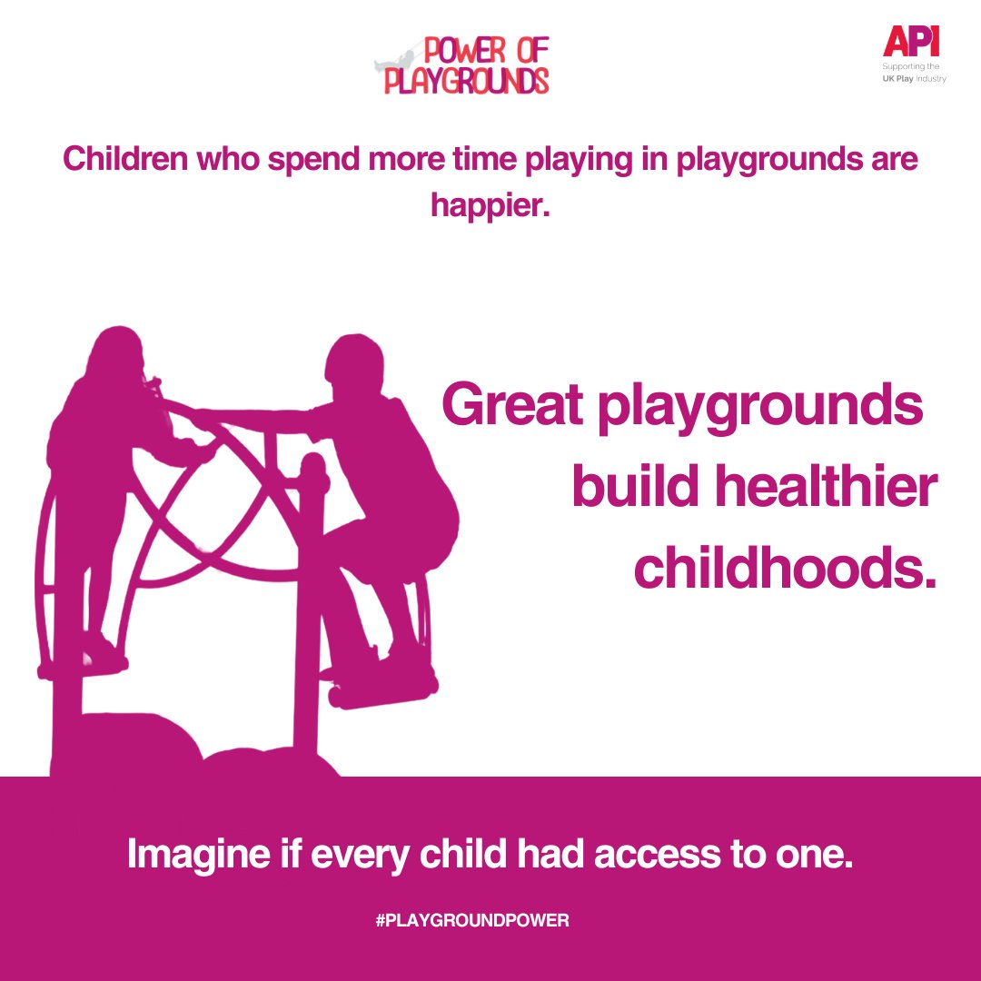apiplay's tweet photo. Great playgrounds build healthier childhoods.

Our new research adds to the case for protecting and investing in local #play spaces, with more time spent playing in #playgrounds linked to happier children.

Imagine if every child had easy access to a great one.

Read more: https://t.co/PouNWoysS2

#PlaygroundPower #APImembers #mentalhealth #outdoorplay #ItAllStartsWithPlay