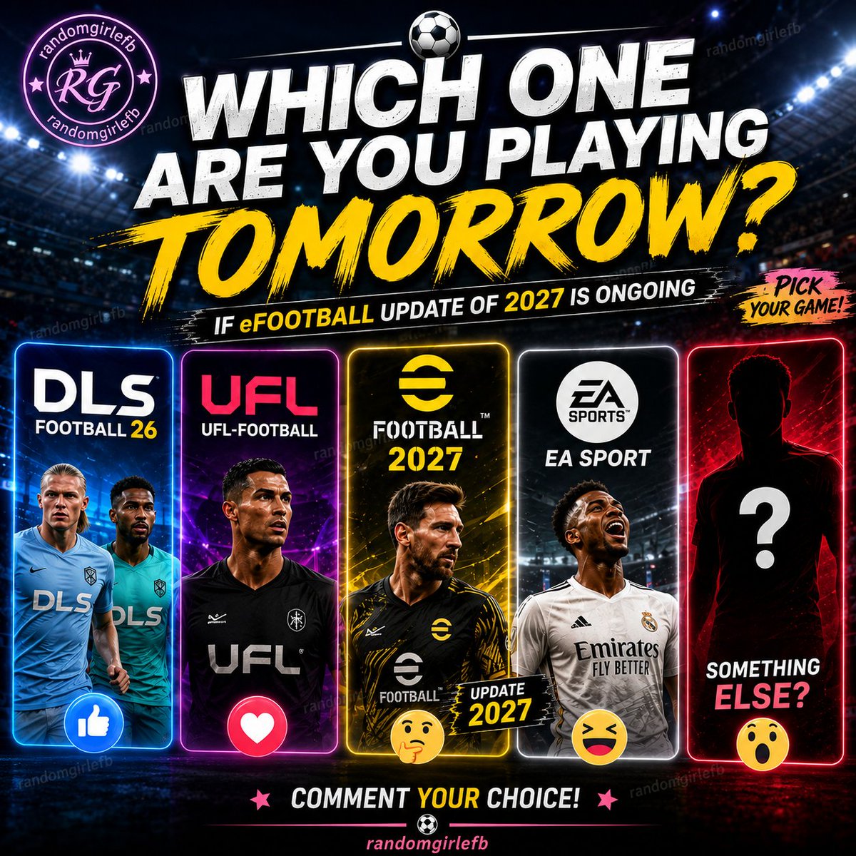 RANDOMGIRLefb's tweet photo. Be honest... if eFootball is down for the 2027 update, what's your backup game? 👀
DLS Football 26, UFL, or EA Sports FC?
No skipping—pick ONE. 😂👇 @zamaniNelson1 @kayzeed_ https://t.co/9YMd3ibGVY