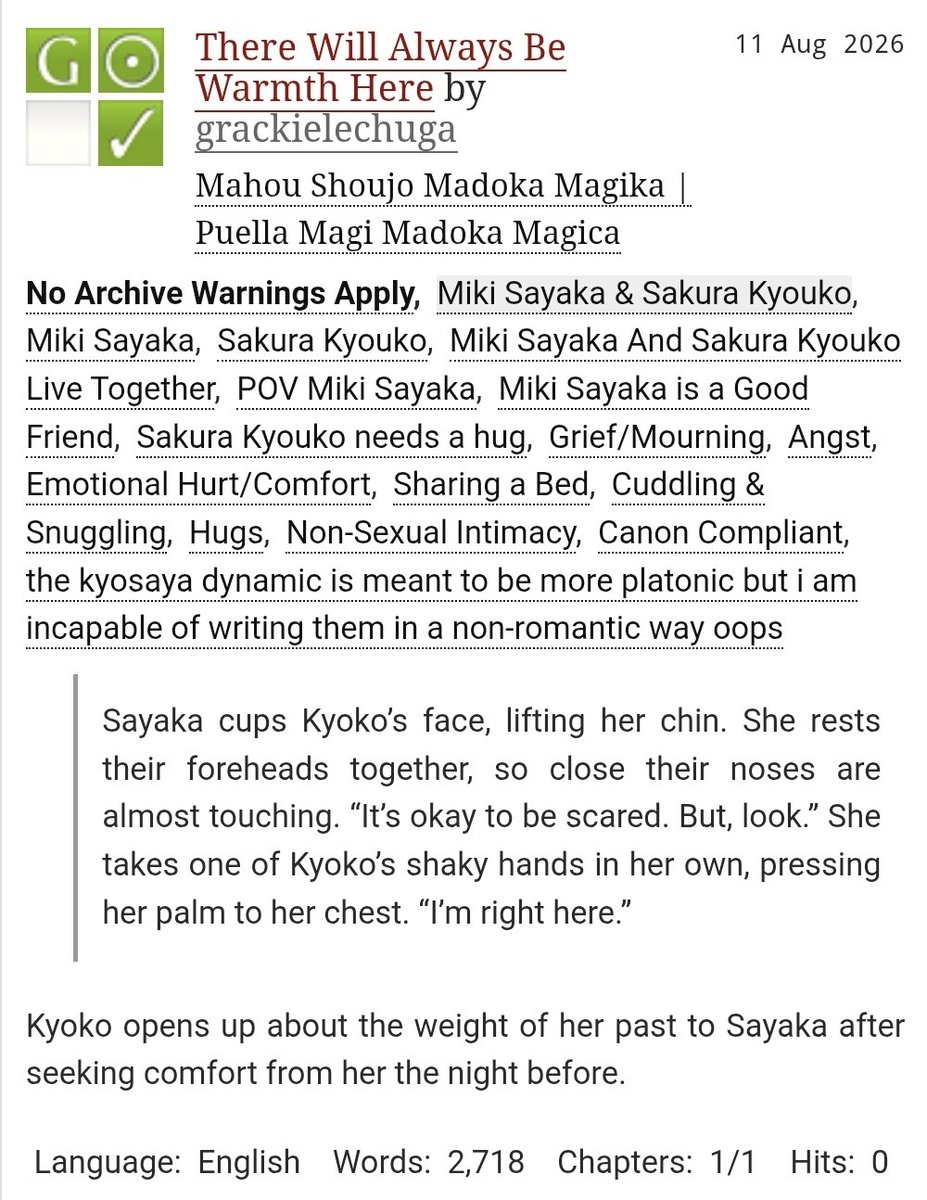 grackielechuga's tweet photo. Fic Update | There Will Always Be Warmth Here

I was due to write some emotional hurt/comfort

#madokamagica #kyosaya #kyokosakura #sayakamiki

https://t.co/xDr07tPEwC https://t.co/fqPM14GZLp