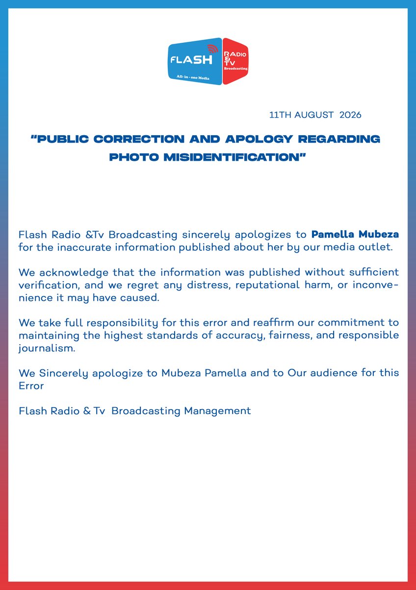 flashfmrw's tweet photo. Flash Radio &TV Broadcasting acknowledges the error made in a recent publication concerning  @pamellamu1 , where an incorrect photo was used and the name did not correspond with the person pictured.

We sincerely apologize for the error and any inconvenience caused. We remain committed to accuracy and responsible journalism.
#Flashfm