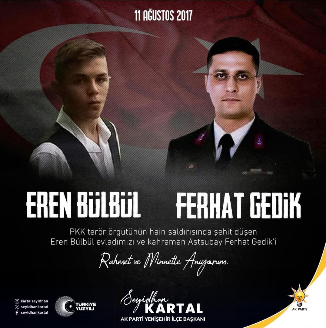 seyidhankartal's tweet photo. 11 Ağustos 2017 tarihinde şehit olan Eren Bülbül’ü ve kahraman Jandarma Astsubay Kıdemli Başçavuş Ferhat Gedik’i, şehadetlerinin yıl dönümünde rahmet, minnet ve saygıyla anıyoruz.

Aziz hatıraları milletimizin gönlünde daima yaşayacaktır 🇹🇷 https://t.co/Gwq1QOSE7P
