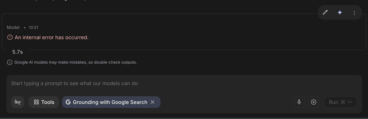 dominaar1's tweet photo. Hi @OfficialLoganK, I'm getting a persistent 'An internal error has occurred' in Google AI Studio. I constantly have to refresh to type or re-run a prompt. I'm on the Brave browser (Chromium) with all shields disabled. Any fix for this? Thanks a lot https://t.co/4zrBXe1ILo