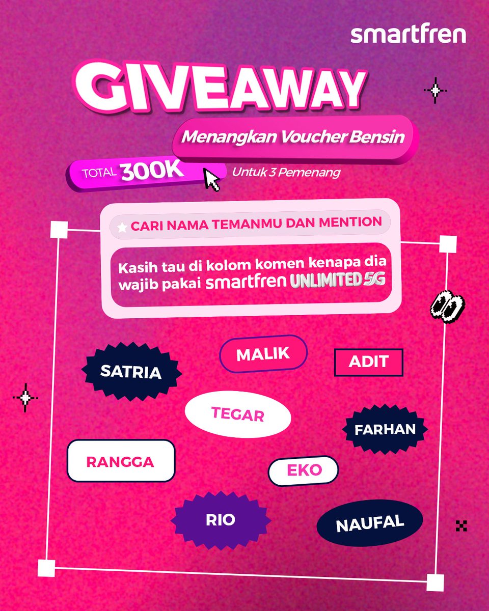 smartfrenworld's tweet photo. Ada voucher bensin masing-masing 100rb untuk 3 orang!

Caranya:
Tag teman kamu yang ada namanya + kasih alasan kenapa harus pake Unlimited 5G! Follow @smartfrenworld, reply, #JagoanSinyalSeIndonesia #UNLIMITED5G #SMARTFREN. Akun jangan di-private.

Periode sampai 17 Agustus! https://t.co/OOLQ0aXz9a