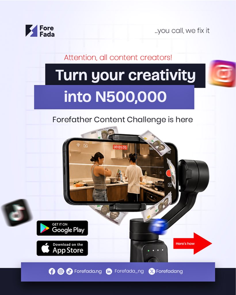 Forefadang's tweet photo. 🎥 CONTENT CREATORS, THIS ONE’S FOR YOU! 💰🔥

Turn your creativity into ₦500,000 with the Forefada Forge Content Challenge!

Create an engaging video promoting the Forefada App and show us what you’ve got. 🚀

📲 Follow & tag @forefada.ng
🏷️ Use #ForefadaForgeChallenge
⏳ Deadline: September 30th

Your next video could be worth ₦500K! 💜

Forefada — You call. We fix.

#Forefada #ForefadaForge #NigerianCreators #giveaway #NaijaCreators