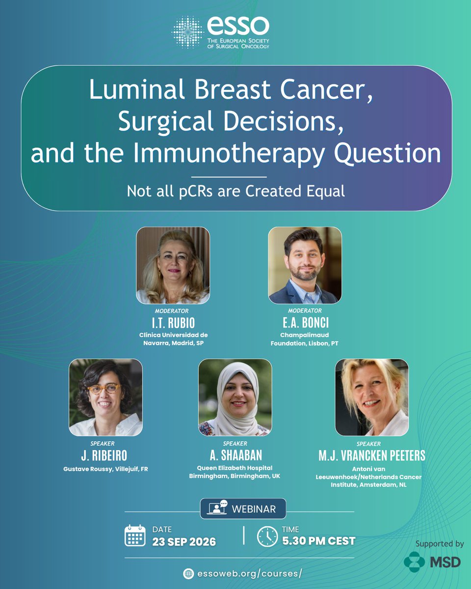 ESSOnews's tweet photo. 🎯Save the Date!
📅 23 Sep 2026, 2.30pm CEST

We will examine 1⃣ how pCR should be interpreted in luminal breast cancer, 2⃣ where response may not carry the same prognostic and 3⃣ surgical meaning seen in other subtypes.

Register here🔗 https://t.co/xSanf925nv

#ESSOwebinar https://t.co/Gj8uiWKh95