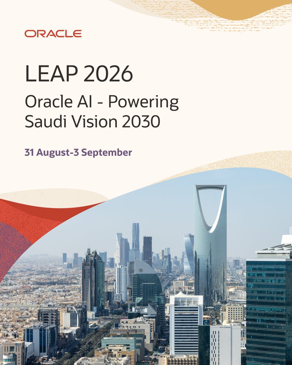 KhanafyMahmoud's tweet photo. Explore how @Oracle AI is powering Saudi Vision 2030 at @LEAPandInnovate 2026.
Visit Oracle at Stand K40, Hall 1, Riyadh Exhibition and Convention Centre, Malham from 31 August to 3 September.
https://t.co/kSRR7jHrFU
#LEAP5 https://t.co/1Uq0a1LYPx