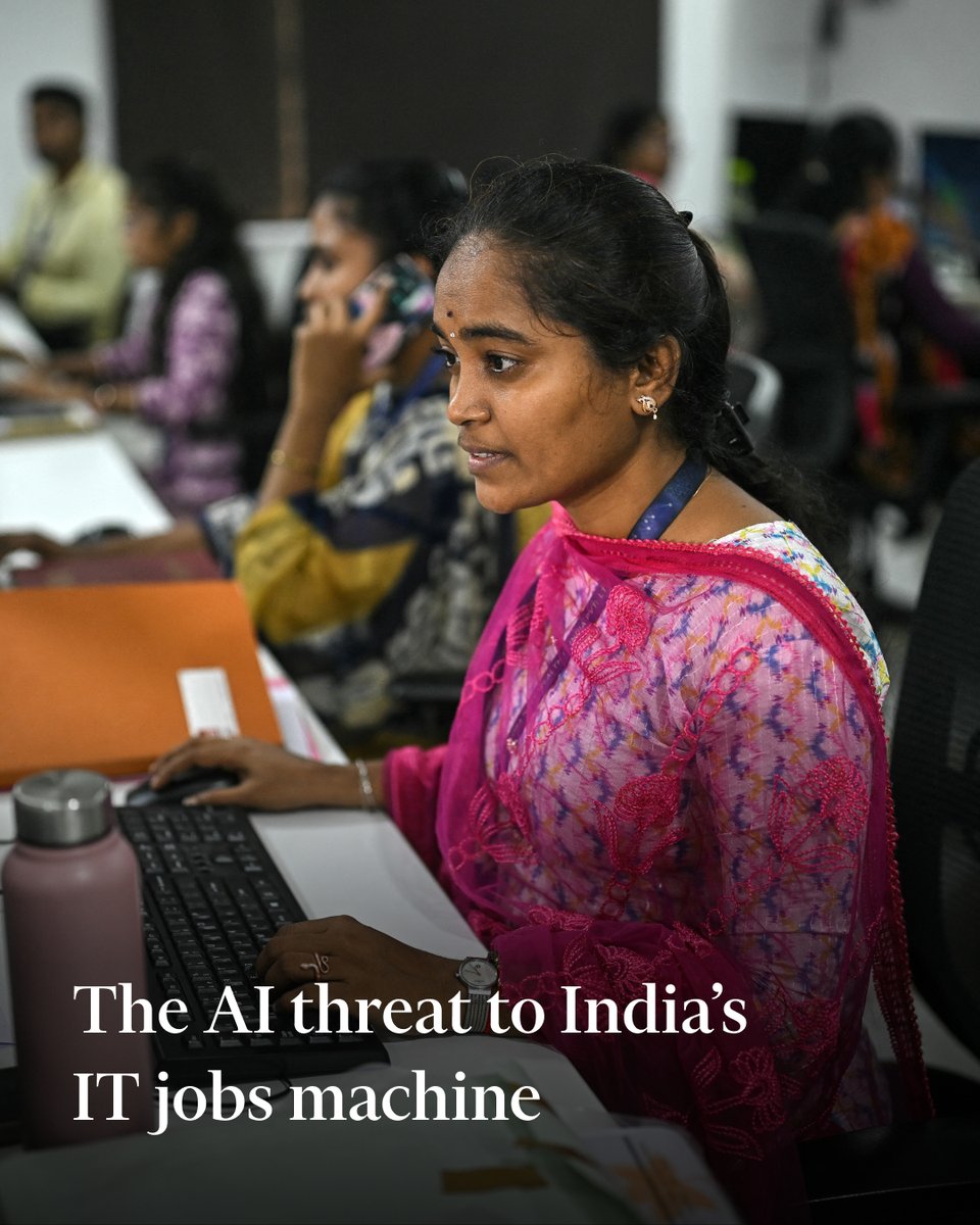 FT's tweet photo. IT services have played a crucial role in driving India’s economic growth and expanding its middle class. But many of the formulaic tasks that underpin the industry, which employs 6mn people, can now be performed by generative AI. https://t.co/ZbwWkhaRPT https://t.co/sddWcQHHN9