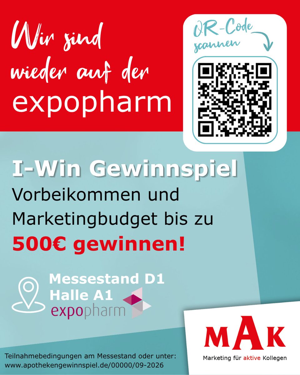 MAK_GmbH's tweet photo. Wir sind wieder auf der Expopharm in München vom 15.-17-09. 
Vorbeikommen lohnt sich dieses Mal besonders: 
Ihr könnt ein frei einsetzbares Marketingbudget für Eure Apotheke gewinnen. 🥳
Einfach QR-Code beim Stand scannen und sofort erfahren, ob Ihr gewonnen habt!
#expopharm #MAK https://t.co/AdPdBy3rug