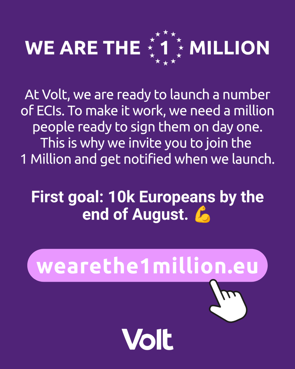VoltEuropa's tweet photo. ECIs have forced action on water as a public good, on access to safe abortion, and more. They work, but only if we are a million. 

Volt is preparing a series of them. Sign up now at https://t.co/Ht80X0degk to know when they launch. 

First goal: 10,000 by the end of the month. https://t.co/BXIlzo5btO