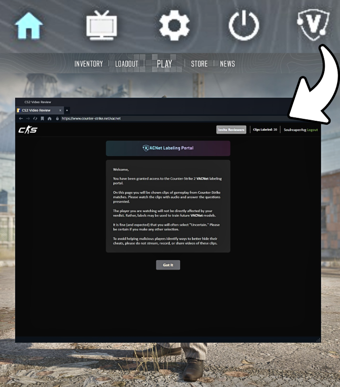 Ozzny_CS2's tweet photo. NEW CS2 VACNet Labeling Portal: Everything we know so far ⤵️

> It's invite only
> The inviting requirements are still unknown
> If you're invited, a little "V" icon will show up on CS2's main menu
> The portal appears to be an Overwatch like system
> It will show you gameplay clips and you have to select an option
> The 'positive' options are: Aim Assist, WallHack, AutoBHop & Farming Bot
> The data you submit will not be used to ban the player, it will be used to train VACNet
> The UI also includes an "Invite Reviewers" button, so invited players might be able to invite others in the future?
> It also shows you the total clips you have labeled
> You can report clips as a "bad clip"
> Valve requests that players to not "stream, record or share videos of the clips"