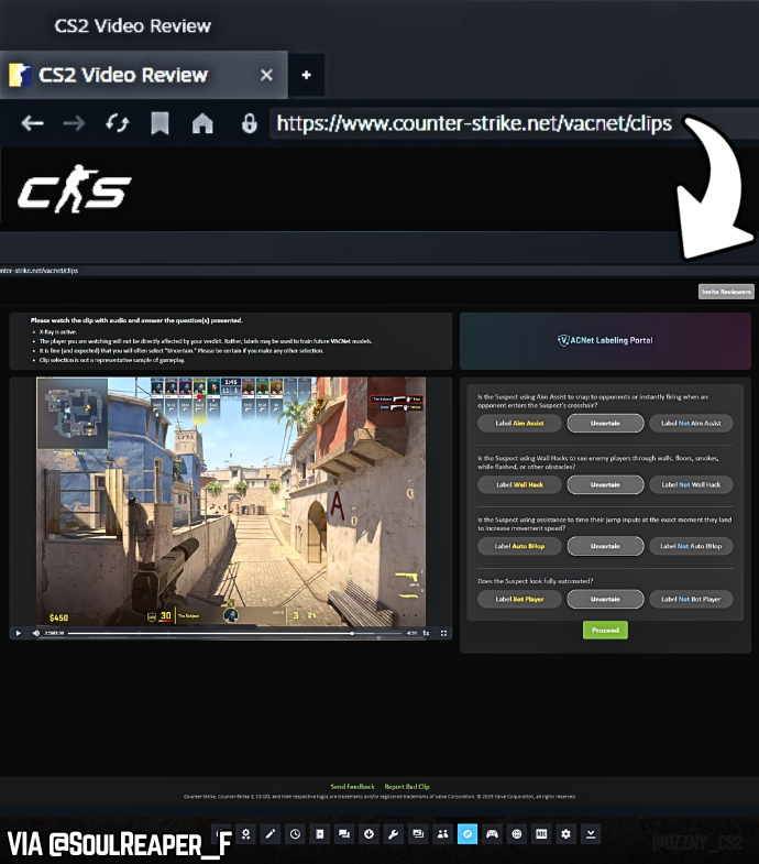 Ozzny_CS2's tweet photo. NEW CS2 VACNet Labeling Portal: Everything we know so far ⤵️

> It's invite only
> The inviting requirements are still unknown
> If you're invited, a little "V" icon will show up on CS2's main menu
> The portal appears to be an Overwatch like system
> It will show you gameplay clips and you have to select an option
> The 'positive' options are: Aim Assist, WallHack, AutoBHop & Farming Bot
> The data you submit will not be used to ban the player, it will be used to train VACNet
> The UI also includes an "Invite Reviewers" button, so invited players might be able to invite others in the future?
> It also shows you the total clips you have labeled
> You can report clips as a "bad clip"
> Valve requests that players to not "stream, record or share videos of the clips"