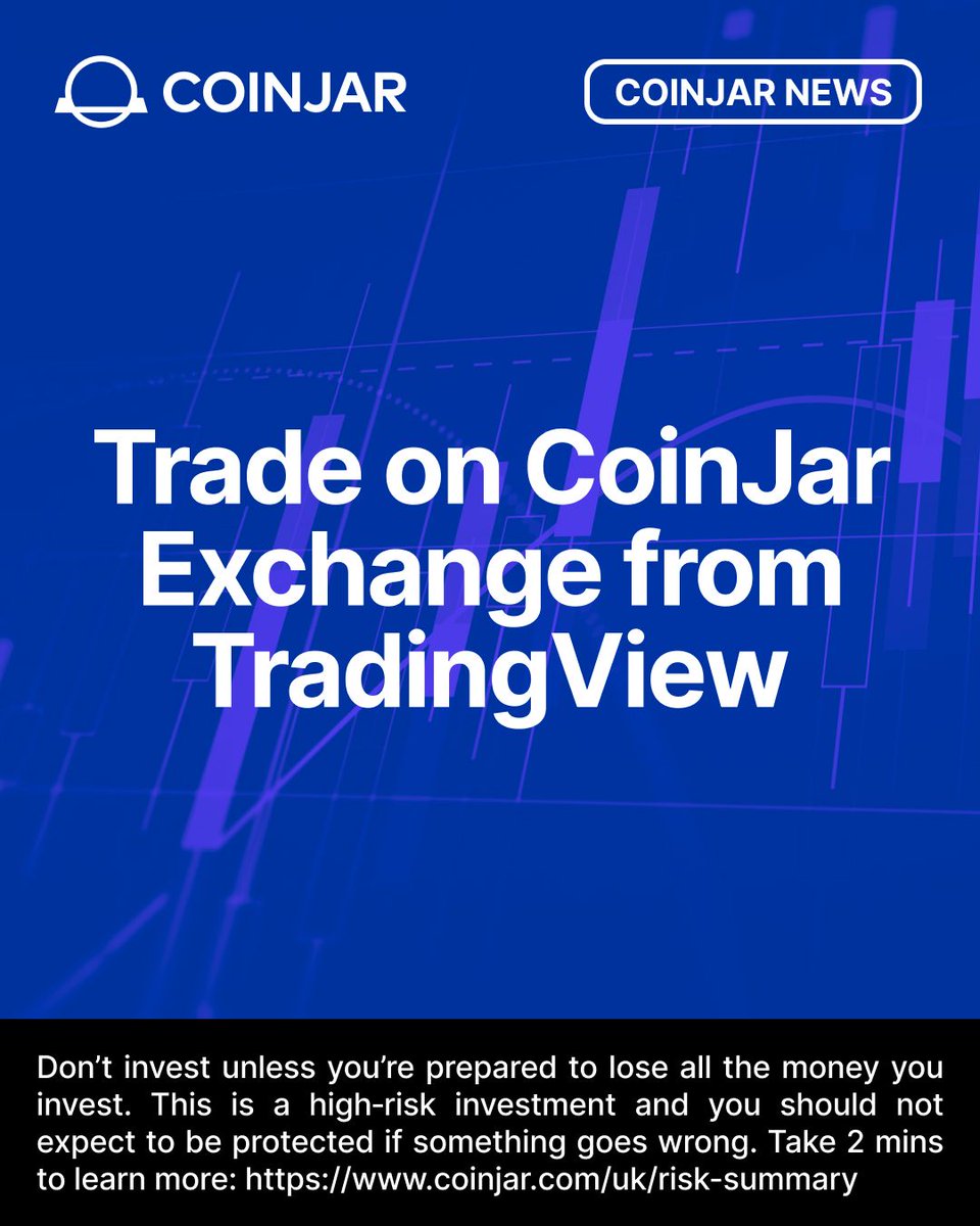 CoinJarUK's tweet photo. CoinJar Exchange is now live on TradingView.

Connect your account and trade directly from TradingView's charts. Analyse and execute in one window, without switching platforms.

CoinJar is the first spot crypto exchange in the UK to offer a TradingView trading integration.

What you get:

- Place market and limit orders on CoinJar Exchange's live order book
- Trade straight from the chart on Supercharts
- Track positions, orders and balance in real time
- Access 15+ chart types, hundreds of indicators and Pine Script strategies

Maker/taker fees from 0% to 0.1%, scaling down as your volume grows. No cost to connect, just a free TradingView account needed.

The broker integration cannot withdraw funds from your CoinJar Exchange account. Your existing login and security settings still apply.

Available now to verified customers in the UK using a browser.

Learn how to connect: https://t.co/J0g4SnVBXE

UK Disclaimer: Don't invest unless you are prepared to lose all the money you invest. This is a high-risk investment and you should not expect to be protected if something goes wrong. Take 2 mins to learn more: https://t.co/PvXeVnG3qC.