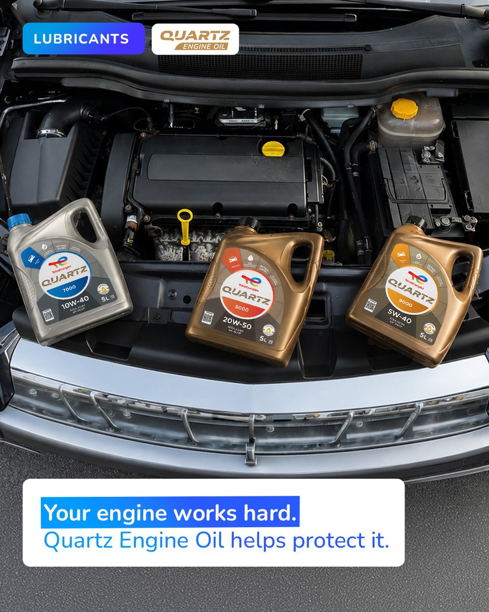 TotalEnergiesZA's tweet photo. Every journey puts your engine to work. πͺ
Quartz Engine Oil helps reduce wear and keeps your engine performing at its best, kilometre after kilometre. π£οΈ
What journey are you on today? π
#QuartzEngineOil #TotalEnergies https://t.co/uFuem0em3h