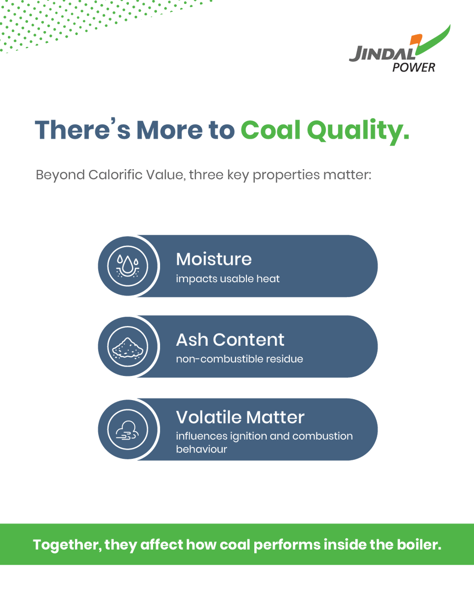 JindalPower_In's tweet photo. What turns fuel into efficient power? It starts with understanding the science behind it. ⚡

From calorific value to moisture, ash content and volatile matter, every parameter shapes coal quality and power generation.

This #TechnicalTuesday, we decode the science behind coal. https://t.co/SyYiZwd0YA