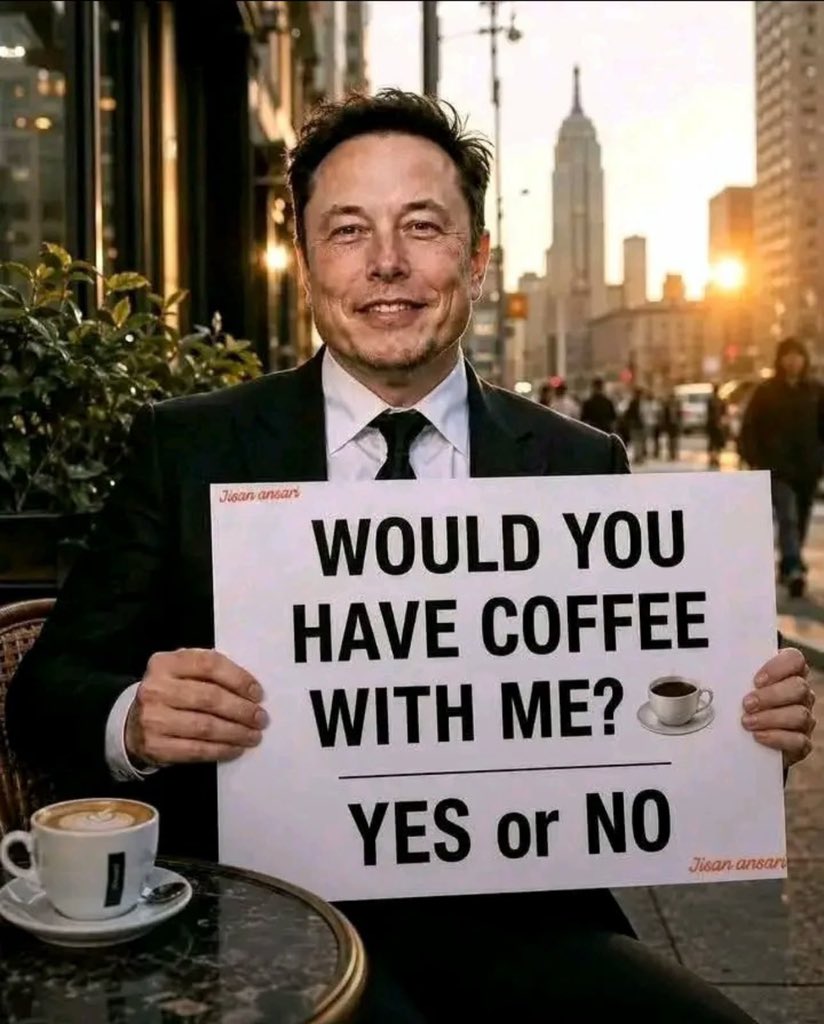 123_fahad99231's tweet photo. ☕😎 If Elon Musk invited you for coffee, would you say yes?

🅰️ Yes, Definitely ☕ 
🅱️ Absolutely ❤️ 
🅲️ Maybe 🤔
🅳️ No Thanks 🙅‍♂️ https://t.co/k29DUFIVnm