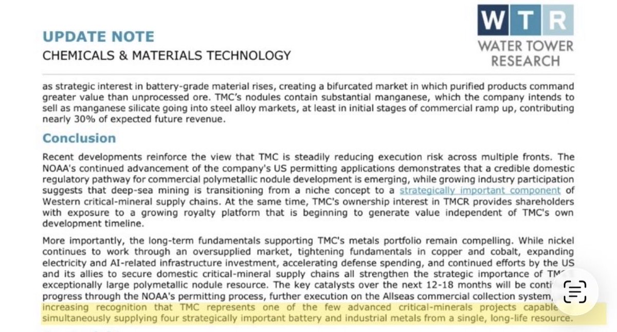 Janus7083436622's tweet photo. “increasing recognition that TMC represents one of the few advanced critical-minerals projects capable of simultaneously supplying four strategically important battery and industrial metals from a single, long-life resource.”
New analysis from @WaterTowerRes covers 
$TMC https://t.co/FDxK0lM41t