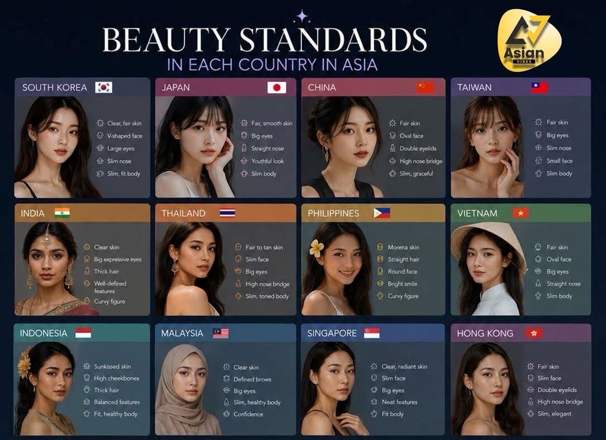 IKlaibaan's tweet photo. Beauty Standards ในแต่ละประเทศ
เกาหลี: ผิวเนียนขาว หน้ารูป V ตาโต จมูกแคบ ผอม
ญี่ปุ่น: ผิวเนียนขาว ตาโต จมูกตรง หน้าเด็ก ผอม
จีน: ผิวขาว หน้าวงรี ตาสองชั้น สันจมูกชัด ผอม
ไต้หวัน: ผิวขาว ตาโต จมูกแคบ หน้าเล็ก
อินเดีย: ผิวเนียน ตาคม ผมหนา หุ่นชัด
ไทย: ผิวขาวถึงแทน หน้าผอม ตาโต สันจมูกชัด ผอม
ฟิลิปปินส์: ผมตรง หน้ากลม ยิ้มสวย หุ่นชัด
เวียดนาม: ผิวขาว หน้าวงรี ตาโต จมูกตรง ผอม
อินโด: ผิวอาบแดด โหนกชัด ผมหนา หน้าสมดุล หุ่นสุขภาพดี
มาเลเซีย: ผิวเนียน คิ้วชัด ตาโต ผอม มีความมั่นใจ
สิงคโปร์: ผิวเนียน หน้าผอม ตาโต หุ่นสุขภาพดี
ฮ่องกง: ผิวขาว หน้าผอม ตาสองชั้น สันจมูกชัด ผอม
ทั้งนี้ ความสวยเป็นเรื่องปัจเจก ไม่มีกฎตายตัว
Credit: @statsglobe