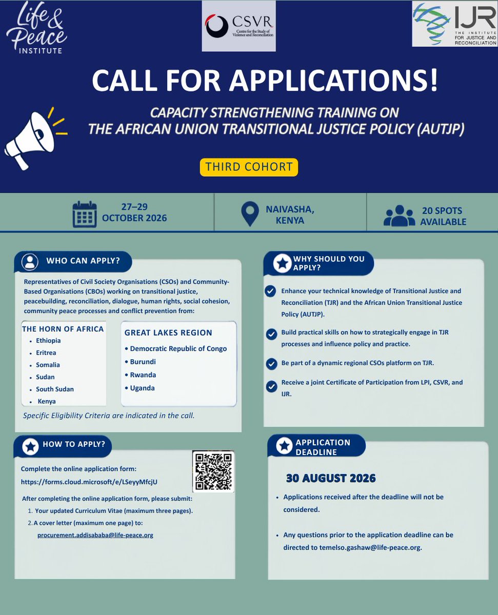 LPI_voices's tweet photo. 📢 Call for Applications

Are you a civil society or community-based organisation working on peacebuilding, transitional justice, reconciliation, human rights or governance?

@LPI_voices , together with @_CSVR and @_IJR_ , invites applications for the third cohort of the Capacity Strengthening Training on the African Union Transitional Justice Policy (AUTJP).

📍 Naivasha, Kenya | 📅 27–29 October 2026
🌍 For applicants from 9 countries across the Horn of Africa & Great Lakes
💰 All participation costs covered by LPI
⏰ Deadline: 30 August 2026

👉 Read the full Call for Applications here: https://t.co/qYyi2AzA8z