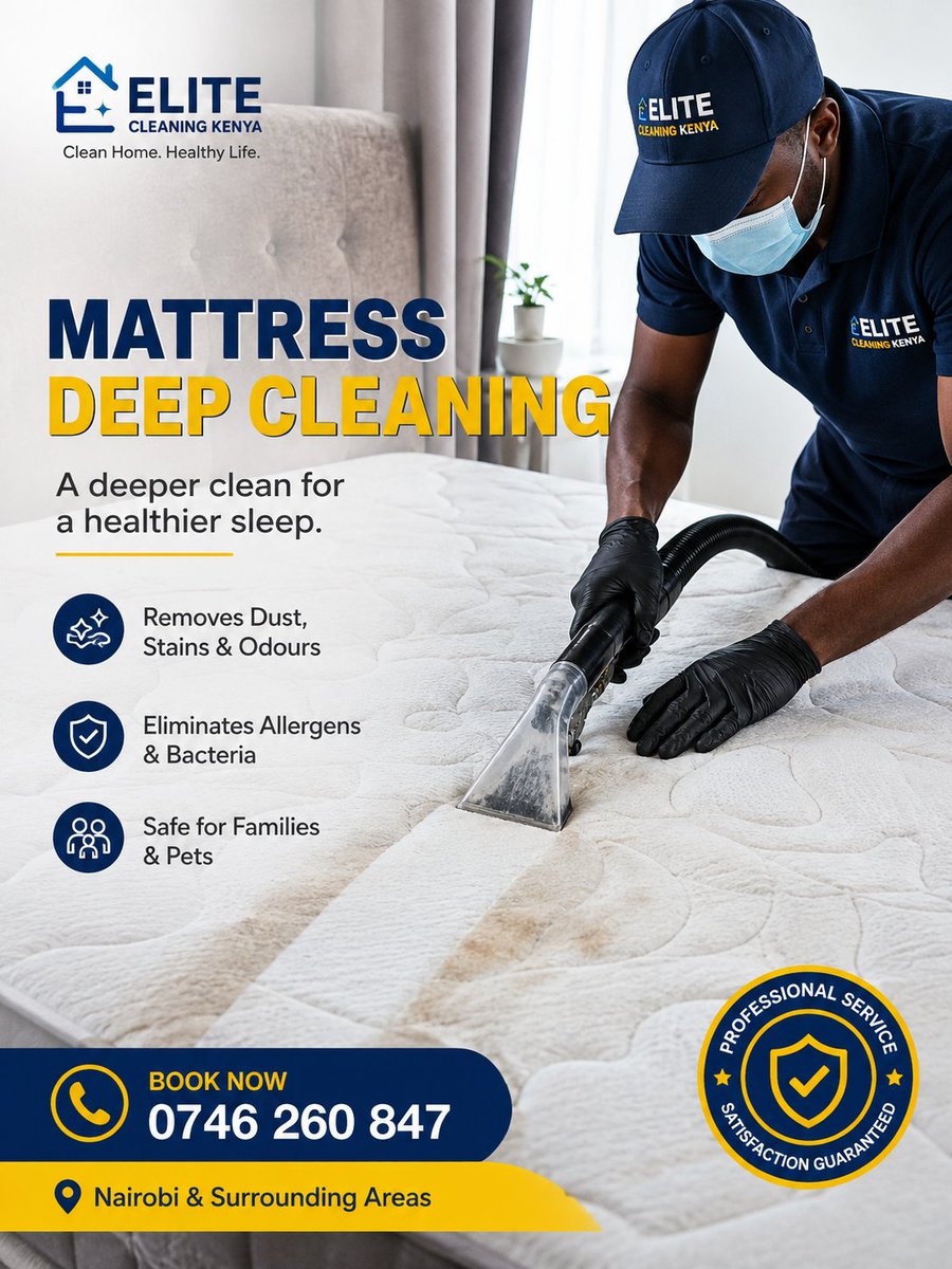 elitecleaningke's tweet photo. A clean mattress is the foundation of a healthy sleep. 🛏️✨ Our professional deep-cleaning service removes dust, stains, allergens, and odours, leaving your mattress fresh and hygienic. Book with EliteCleaningKenya today! 📞 0746 260 847 https://t.co/MVrgrZugEe
