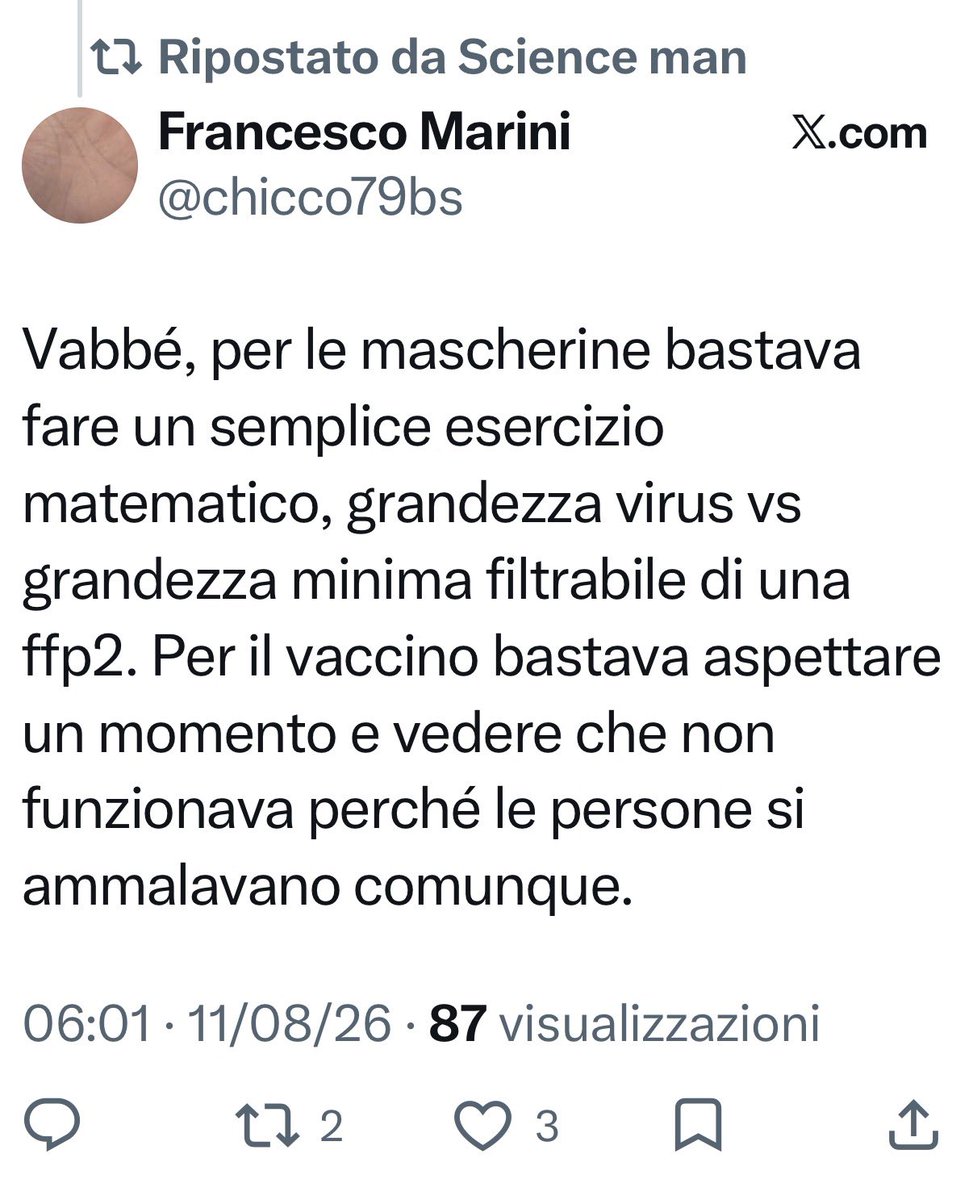 LaBombetta76's tweet photo. 2026 e #quellisvegli ancora non hanno capito che le mascherine non fermano il virus (che non vola come gli uccellini) ma le gocce di saliva che lo contengono. https://t.co/dDiemkNTPY