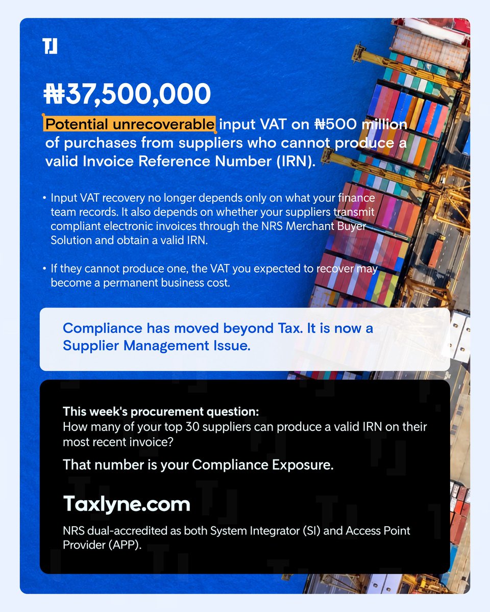 HarmonizedX's tweet photo. Your VAT exposure may start with your suppliers.

₦500M in purchases at 7.5% VAT = ₦37.5M in input VAT.

The question is: Can your suppliers produce valid IRNs?

#TaxLyne #EInvoicing #VAT #TaxCompliance https://t.co/dOnEPIDsqt