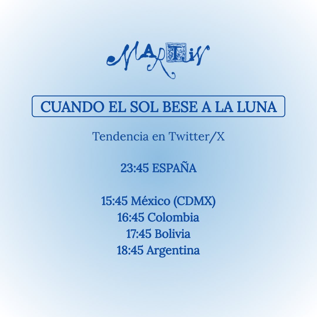 NewsMartinES's tweet photo. 🌒 En apenas unas horas Martin lanzará su primer single oficial después de "La Insolación"

Por eso hemos pensado en celebrarlo con "CU4ND0 EL S0L B3S3 A L4 LUN4" a partir de las 23:45 (🇪🇸), como siempre, en mayúsculas y sin números https://t.co/kq8pFddM34
