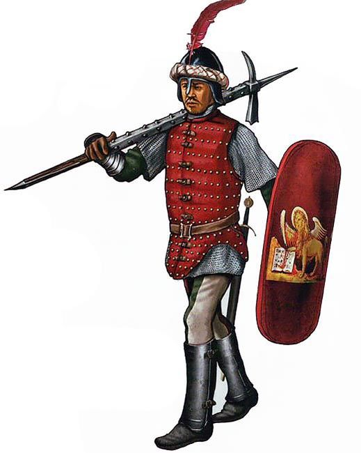 LandsknechtPike's tweet photo. Modern illustration of a Venetian “fante pesante” (heavy infantryman), late 15th century.

One of the sources for Venetian heavy infantrymen using these long war hammers is a contemporary painting from 1498 by Venetian painter Vittore Carpaccio, where you can notice such weapon. https://t.co/NW0JMvw1Fh