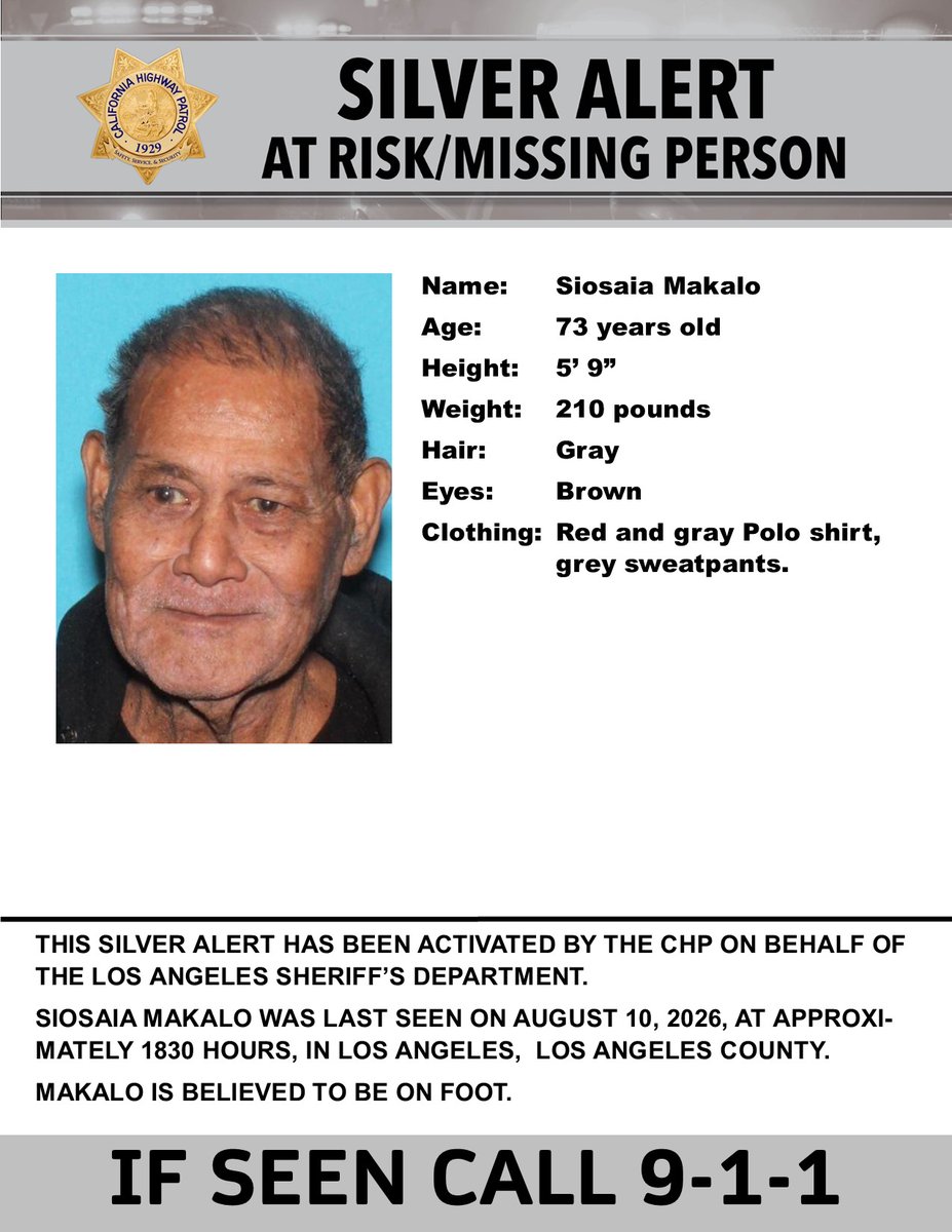 CHPAlerts's tweet photo. SILVER ALERT - Los Angeles County
Last seen: W. 94th Street and S. Budlong avenue, Los Angeles
@LASDHQ
IF SEEN, CALL 9-1-1 https://t.co/KKnmxTv8Rx