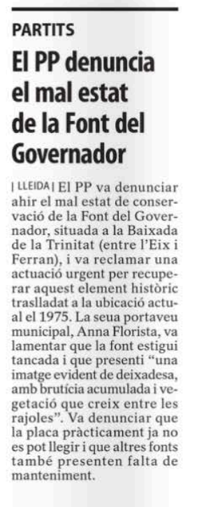 PP_LLEIDA's tweet photo. 🏛️ Implicar-se amb Lleida també és cuidar el nostre patrimoni.

Denunciem l’estat de deixadesa de la Font del Governador i reclamem a la Paeria una actuació urgent per recuperar i dignificar aquest element històric.

🔵 Lleida Implicada. Cuidem el que és nostre.

#LleidaImplicada https://t.co/2N9Xje0C6V