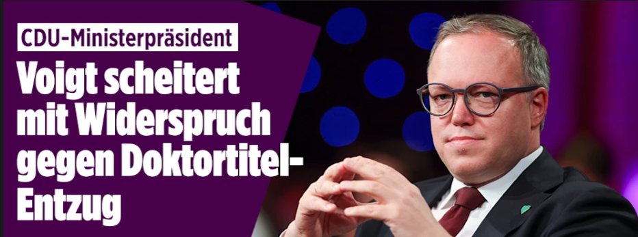 matzesmeinung's tweet photo. And ... it's gone!
Thüringens Ministerpräsident Mario Voigt ist mit einem Widerspruch gegen die Aberkennung seines Doktortitels gescheitert. Das zuständige Gremium an der TU Chemnitz wies den Widerspruch des CDU-Politikers zurück, wie ein Sprecher der Universität mitteilte. https://t.co/moTAm9ZMme
