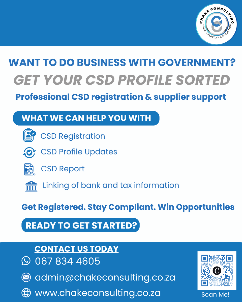 ChakeConsultin's tweet photo. Want to do business with government?

We help with CSD registration, updates, report and linking of banking information.
Contact us today: 067 834 4605
Email: admin@chakeconsulting.co.za
#CSD #Registrations #Updates #Report #SMME #Tenders #entrepreneur #smallbusiness https://t.co/fGG1sIS0Tw
