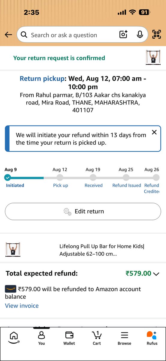 RahulParma8402's tweet photo. I returned the product on 1st August, but it still hasn’t been picked up after more than 10 days. I also complained to customer care, but there is still no resolution. Very poor product quality and a very bad Amazon service experience! @JeffBezos @ajassy @amazonIN @amazon https://t.co/mhCqm1Bdag