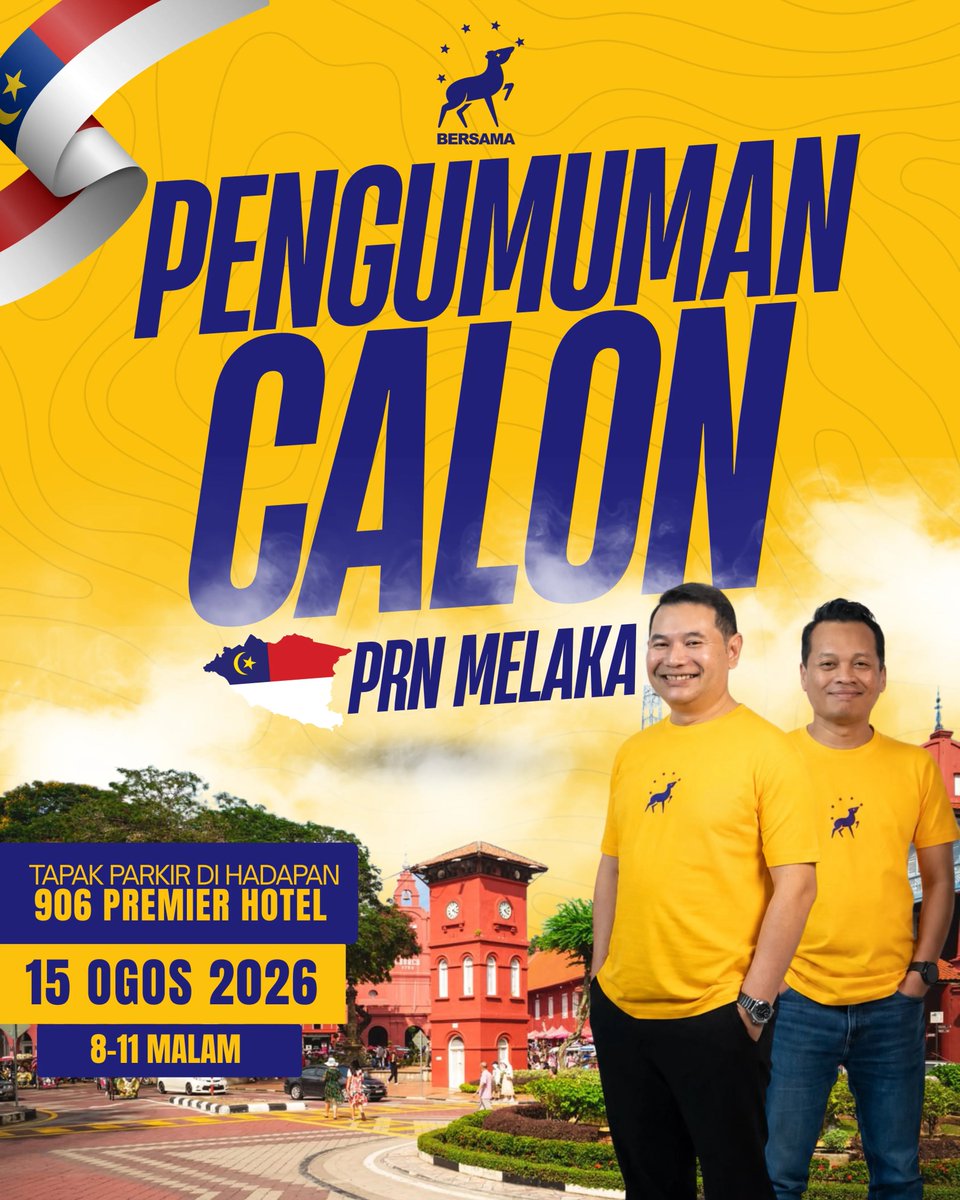 rafiziramli's tweet photo. 𝗣𝗘𝗡𝗚𝗨𝗠𝗨𝗠𝗔𝗡 𝗖𝗔𝗟𝗢𝗡 𝗕𝗘𝗥𝗦𝗔𝗠𝗔 𝗨𝗡𝗧𝗨𝗞 𝗣𝗥𝗡 𝗠𝗘𝗟𝗔𝗞𝗔

Pada 15 Ogos ini, BERSAMA akan memperkenalkan calon-calon yang akan membawa cabaran BERSAMA dalam PRN Melaka.

Pengumuman calon akan diadakan pada sebelah malam, bermula jam 8 malam. Pada sebelah pagi pula, kita akan bersama-sama menjayakan Kenduri BERSAMA dengan orang Melaka.

Calon-calon yang akan diumumkan datang daripada pelbagai latar belakang. Seperti yang kita usahakan sebelum ini, sasaran kami adalah untuk terus membawa barisan yang segar, berpengalaman dalam bidang masing-masing dan terdiri daripada orang biasa yang menjalani kehidupan seperti orang biasa.

BERSAMA terus bertekad untuk tidak terperangkap dalam polemik kuasa antara parti-parti politik sedia ada.

Kami mahu memberikan pilihan kepada orang Melaka supaya akhirnya, politik kembali kepada perkara yang paling penting: bagaimana kita boleh menjadikan kehidupan rakyat lebih baik.

Calon-calon BERSAMA di Melaka mungkin bukan nama besar. Ada yang tidak pernah memegang jawatan politik atau berdiri di pentas ceramah.

Tetapi mereka membawa pengalaman kehidupan sebenar dan suara yang boleh mewakili rakyat Melaka.

Pada malam yang sama, kami juga akan mengumumkan jumlah kerusi yang akan ditandingi, kerusi-kerusi yang dipilih serta memperkenalkan calon-calon BERSAMA lebih awal kepada rakyat Melaka.

Bagi pihak BERSAMA, saya ingin menjemput orang ramai untuk hadir ke majlis pengumuman ini seperti ketetapan berikut:

Tarikh: 15 Ogos 2026 (Sabtu)

Masa: 8 - 11 malam

Tempat: Tapak Parkir di hadapan 906 Premier Hotel

Seperti biasa, saya mohon orang ramai untuk mendaftarkan kehadiran bagi memudahkan urusan logistik:

https://t.co/QHku6xsJa0

Kami mungkin tidak mempunyai semua kelebihan yang dimiliki oleh parti-parti yang sudah puluhan tahun berada dalam politik.

Tetapi kalau rakyat mahukan politik yang berbeza, seseorang perlu berani memulakannya.