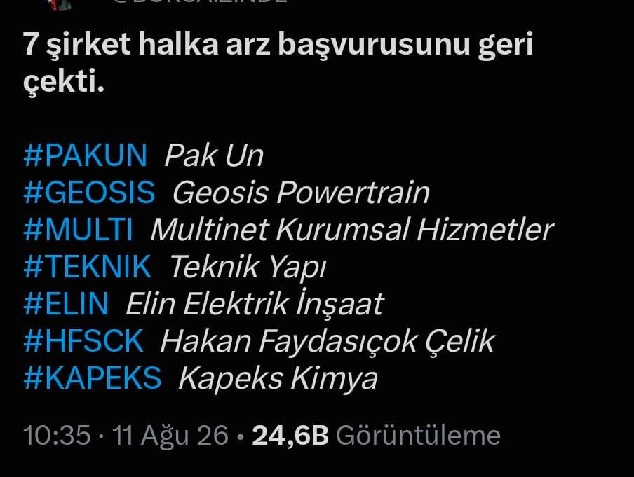 c_cifteci's tweet photo. Kapeks Kimya hakkında önemli uyarı
Yarın KAPEKS halka arzında talep toplama süreci başlayacak.

Ancak sosyal medyada, bazı yüksek takipçili hesaplar dahil olmak üzere “Kapeks halka arz başvurusunu geri çekti” şeklinde paylaşımlar görüyorum.
Böyle bir durum söz konusu değil.
Kapeks Kimya halka arzı geçtiğimiz hafta SPK tarafından onaylandı ve yarın talep toplama başlayacak.

Dolayısıyla ortada KAP veya SPK tarafından yapılmış resmi bir duyuru yokken, “halka arz geri çekildi” şeklinde kesin ifadeler kullanılması son derece sakıncalı.

Özellikle yüksek takipçili hesapların bu tür bilgileri paylaşırken çok daha dikkatli olması gerekiyor.

Çünkü 6362 sayılı Sermaye Piyasası Kanunu’nun 107/2. maddesi, sermaye piyasası araçlarının fiyatlarını, değerlerini veya yatırımcıların kararlarını etkilemek amacıyla yalan, yanlış veya yanıltıcı bilgi verilmesini, haber ve söylenti yayılmasını ve bu suretle menfaat sağlanmasını “bilgi bazlı piyasa dolandırıcılığı” kapsamında düzenliyor.

SPK da daha önce sosyal medya üzerinden yayılan yanıltıcı haberler nedeniyle inceleme başlatıldığını ve gerekli hukuki işlemlerin yapıldığını açıkça duyurdu. 

Bilerek veya isteyerek halka arz sürecini etkilemeye yönelik yanlış bir bilgi yayılıyorsa, bunun sonuçları ciddi olabilir.

Şirketin de yatırımcıların da bu tür paylaşımlar karşısında yasal haklarını kullanması mümkündür.
Kısacası; KAP veya SPK’dan resmi bir açıklama gelmeden “halka arz geri çekildi” gibi kesin ifadeler kullanmayalım.

Az biraz halka arz sürecini bilen herkes bilir ki; SPK onayını almış ve talep toplama tarihi açıklanmış bir şirketin halka arzdan çekildiğine dair bilgi, resmi kaynaklardan doğrulanmadan paylaşılmaz.

SPK mevzuatı çocuk oyuncağı değil.
Yanlışlıkla yapılan bir paylaşım ile bilerek yatırımcı kararlarını etkilemeye yönelik paylaşım arasında da çok büyük fark var.

Nacizane tavsiyem: Paylaşmadan önce resmi kaynaklardan teyit edin. Aksi halde bir paylaşım, hiç beklemediğiniz hukuki sonuçlar doğurabilir.