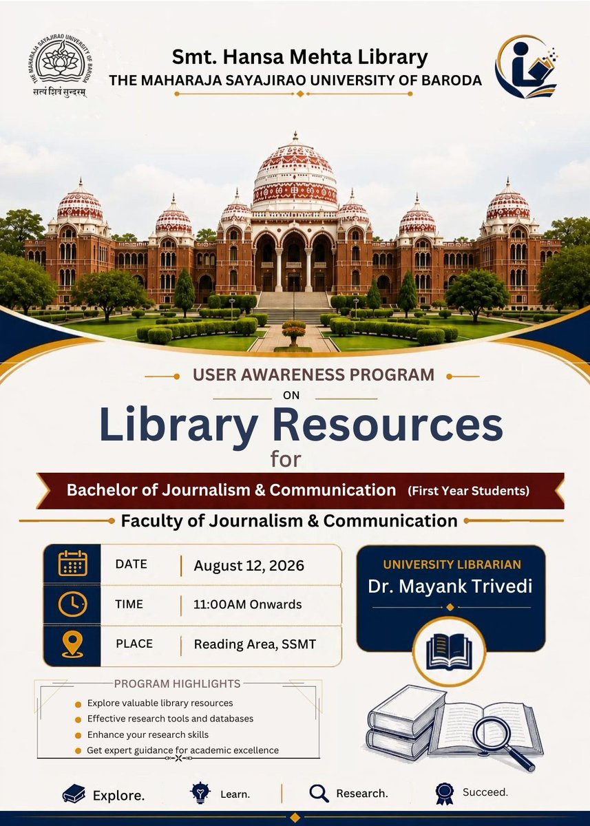 smthml's tweet photo. 📚 User Awareness Program on Library Resources for First-Year BJC &amp; MJC students at MSU Baroda, focusing on library resources, research tools, and academic databases.

#MSUBaroda #HansaMehtaLibrary #LibraryResources #BJC #MJC #Journalism #AcademicResearch https://t.co/aWNNT6yHvQ