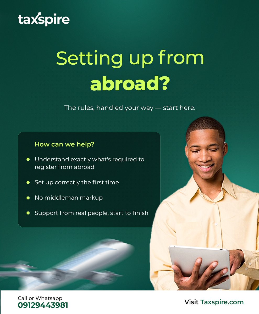 taxspire's tweet photo. Setting up from abroad? 🌍✈️
Know what’s required. Set it up right the first time.

🌐 https://t.co/pXgkznyTDI

#Taxspire #DiasporaBusiness #NigeriaBusiness https://t.co/6mOuKKZ3pX