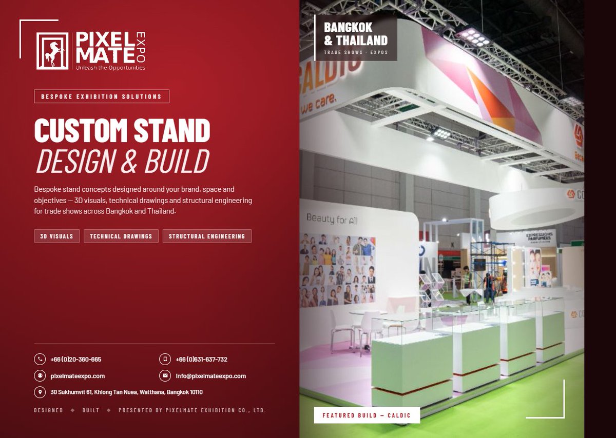 PixelmateLtd's tweet photo. ustom exhibition stands, designed &amp; built for Bangkok's biggest trade shows. 🇹🇭

✔ 3D visuals ✔ Technical drawings ✔ Structural engineering

Turnkey builds — from concept to show floor.

🌐 https://t.co/fpN6Z01Cbe

#ExhibitionStand #Bangkok #TradeShow #EventDesign https://t.co/Wt9F1fFCxS