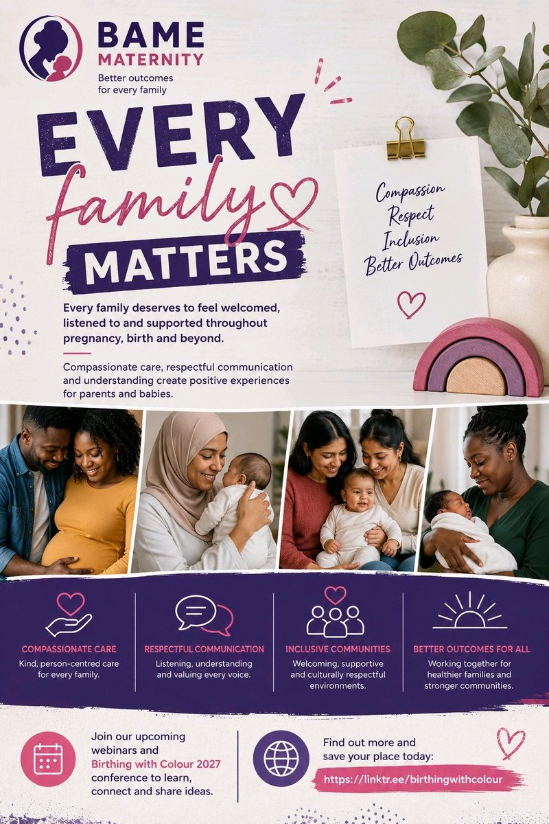 BAMEMaternity's tweet photo. 💜 Every family deserves to feel welcomed, listened to and supported throughout pregnancy, birth and beyond.
Together, we can help create positive maternity experiences through compassion, learning and collaboration.
🔗 https://t.co/aJ1gc7RYDC⁠
#BAMEMaternity https://t.co/qTtrX7cJkF