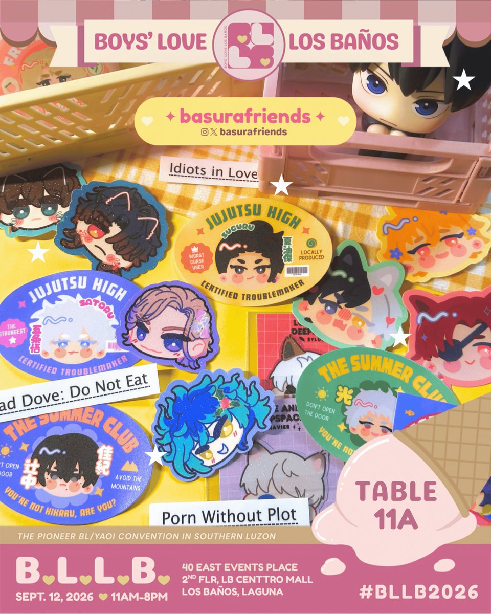 boysloveLB's tweet photo. ✨BLLB 2026 Exhibitor Highlight✨

"hello, we are @basurafriends!!🗑💛💗

🎁what we offer: fan merch and original works

💌made by fandom trash🤝for fandom trash

100% human made:❌AI, ✅delusions✨"
 
Serving Soon at TABLE 11A🍦 

Follow on socmed! 
IG/X: @basurafriends https://t.co/qKZfrr4wfa