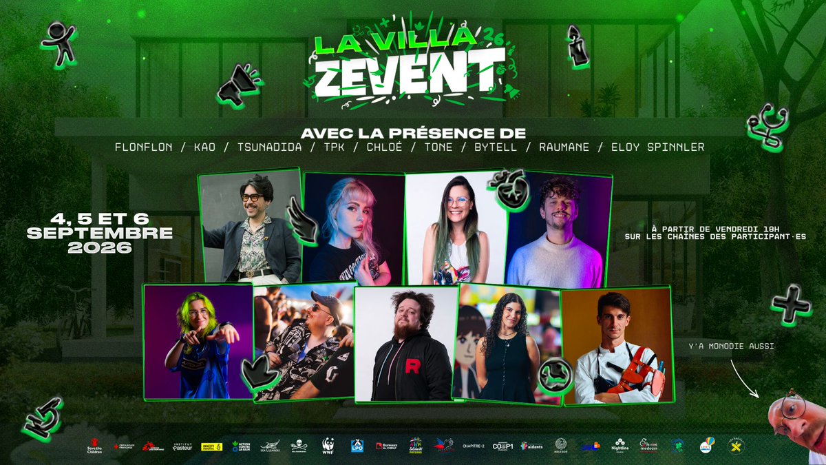 TPK_live's tweet photo. On vise grand pour la DERNIÈRE édition du ZEvent !

Faites places à la VILLA, où on se réunira avec les copaines pour la bonne cause 🍻

On vous prévoit de belles choses, stay tuned 💚

@benjaminvalbon @KAO_svmd @tsunadida @Chloe_Twitch @ToneEUW @Bytell2 @Raumane_ @TheMonodie https://t.co/nBYuxY4Urp