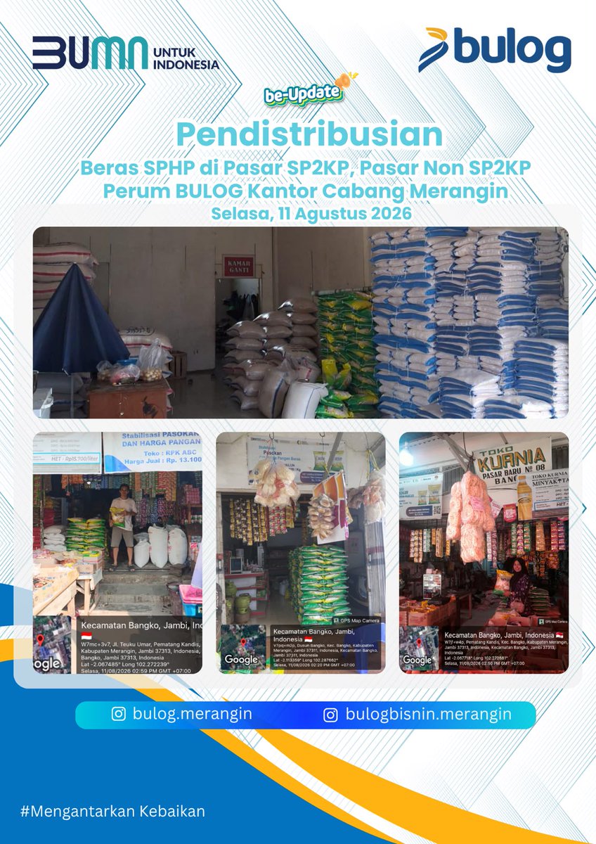 Bulog_Sarko's tweet photo. Launching dan Tanam Perdana Pertanian Modern PM AAS dan Pendistribusian Beras SPHP di Pasar SP2KP, Pasar Non SP2KP Perum BULOG Kantor Cabang Merangin Selasa, 11 Agustus 2026 https://t.co/klKhIO5YU8