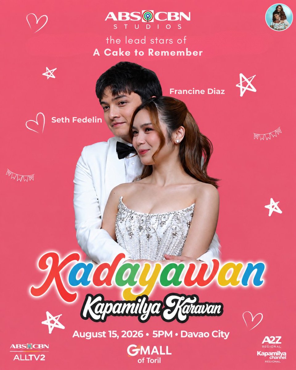 fransethsquad_'s tweet photo. 📢 ANNOUNCEMENT

The lead stars of A Cake to Remember, Francine Diaz and Seth Fedelin, are set to join the Kapamilya Karavan 2026 celebration in Davao City!

Madayaw, Dabaw! Celebrate Kadayawan with your favorite Kapamilya stars and catch FranSeth live on:

🗓️ August 15, 2026 | 5:00 PM
📍 Gaisano Mall of Toril, Davao City

See you there, Kapamilya!

#FranSeth
#ACakeToRemember
#KapamilyaKaravan2026
#Kadayawan2026